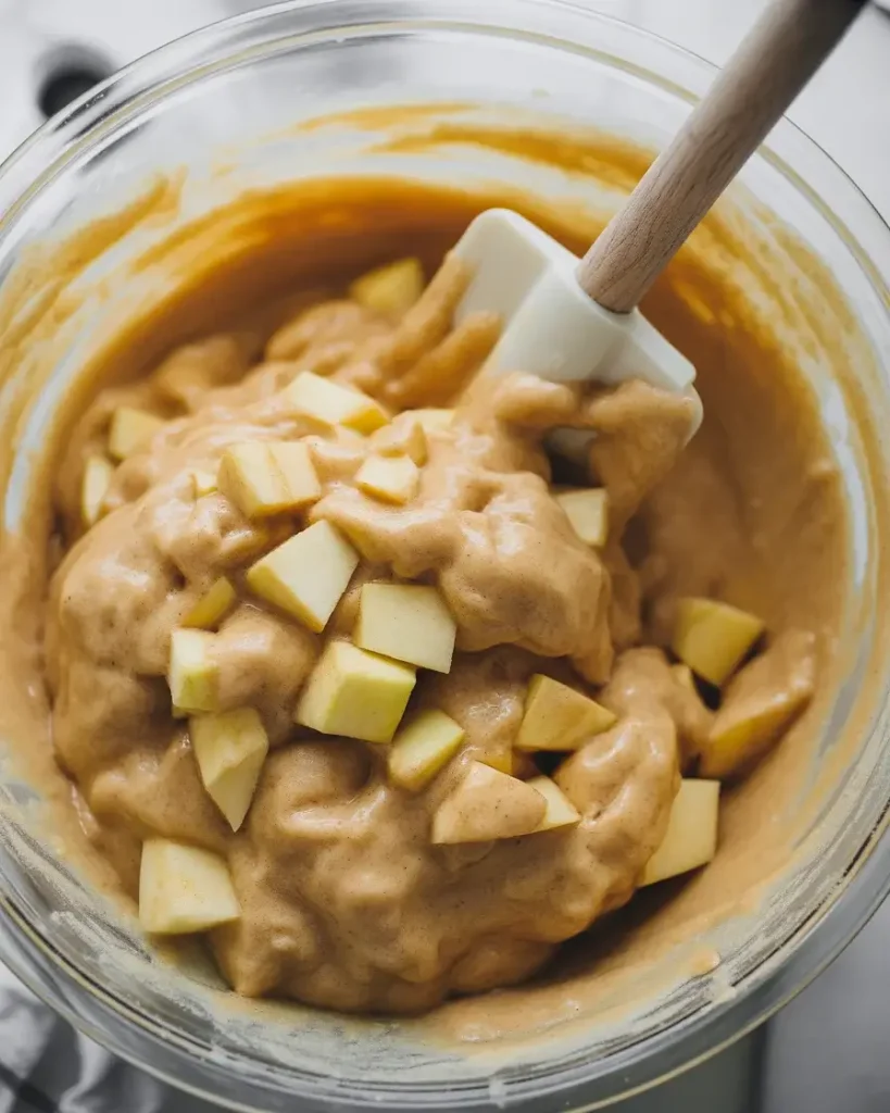 Thick fritter batter folded with cinnamon apple chunks - lumpy batter means tender bites