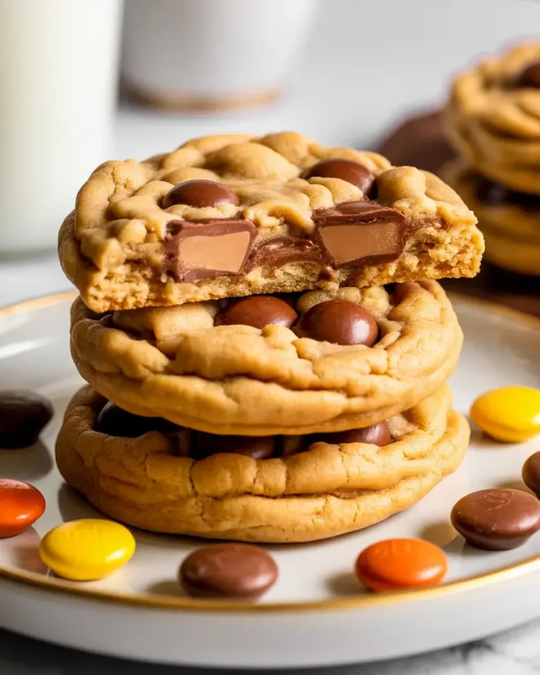 Thick triple Reese's peanut butter cookies stacked high with three kinds of candy