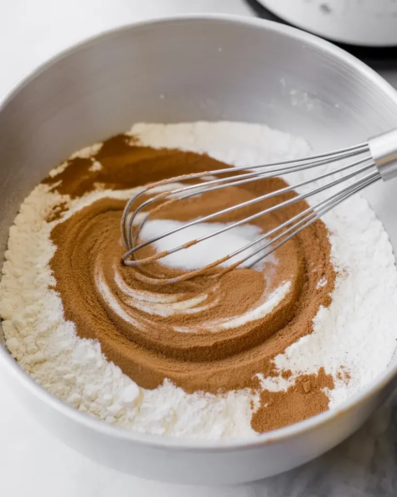 Whisking dry ingredients with cinnamon until evenly combined before adding wet ingredients