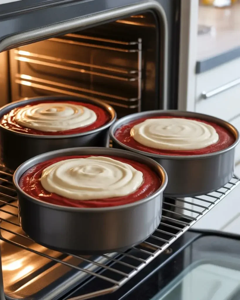 White and red velvet layers baking side by side at 350°F until set