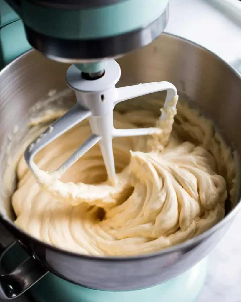 White vanilla batter whipped to pale, fluffy perfection in the stand mixer