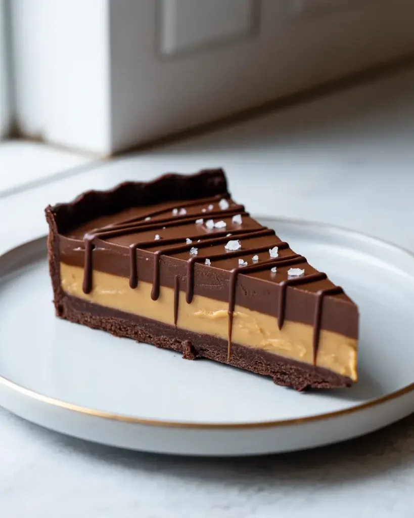 A clean slice revealing the beautiful ganache and peanut butter layers inside