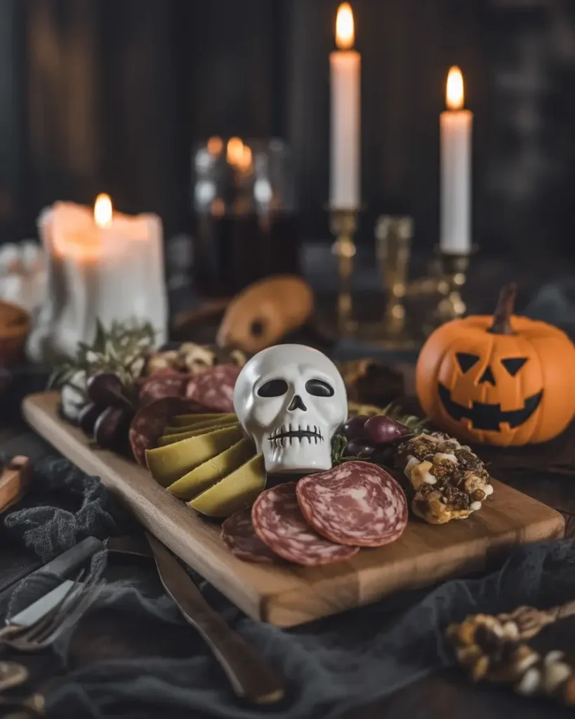 A dramatic Halloween charcuterie board styled for a festive party spread.