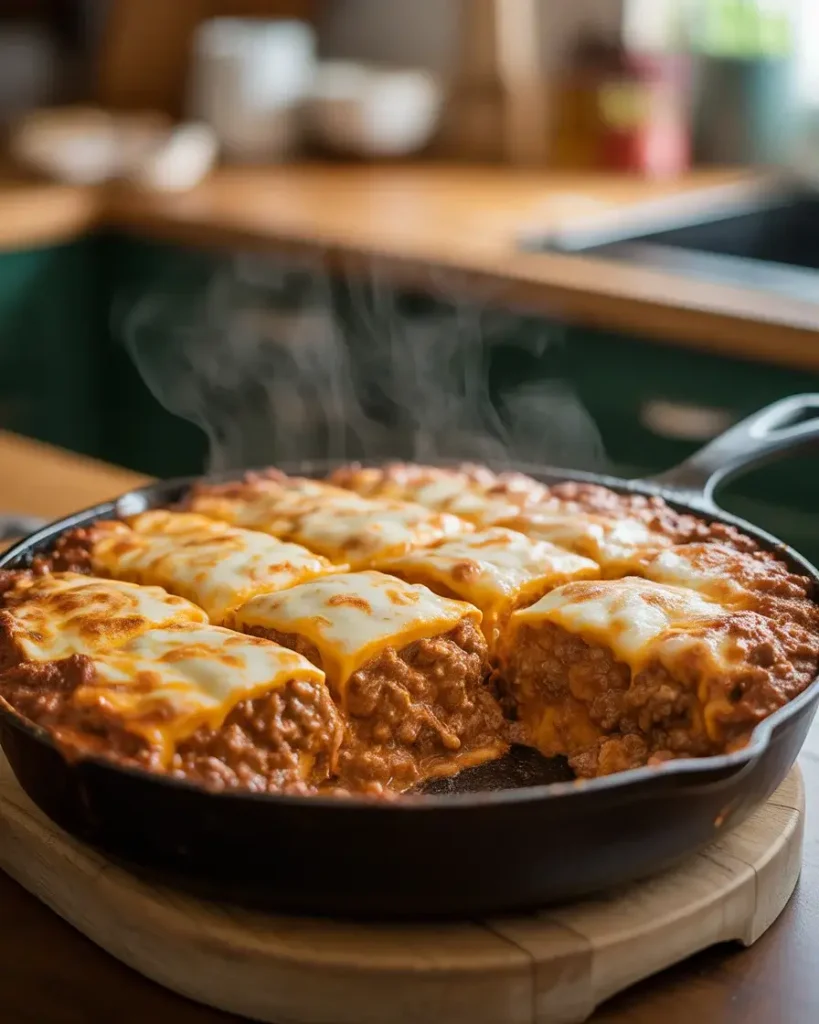 A family-size cheesy sloppy joe bake cut into generous, crowd-pleasing squares.