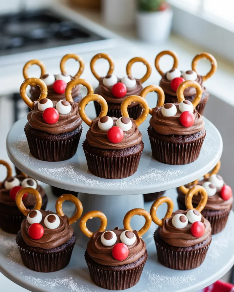 A full batch of reindeer cupcakes ready to serve at your holiday party
