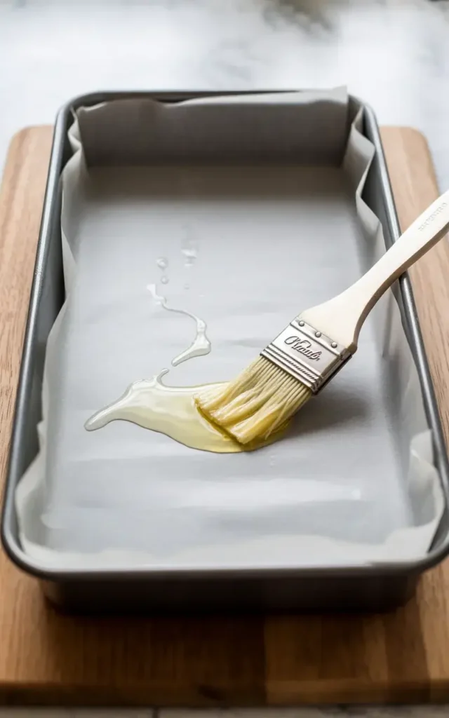 A parchment-lined 9x13 pan prepped and ready for sugar cookie bar batter
