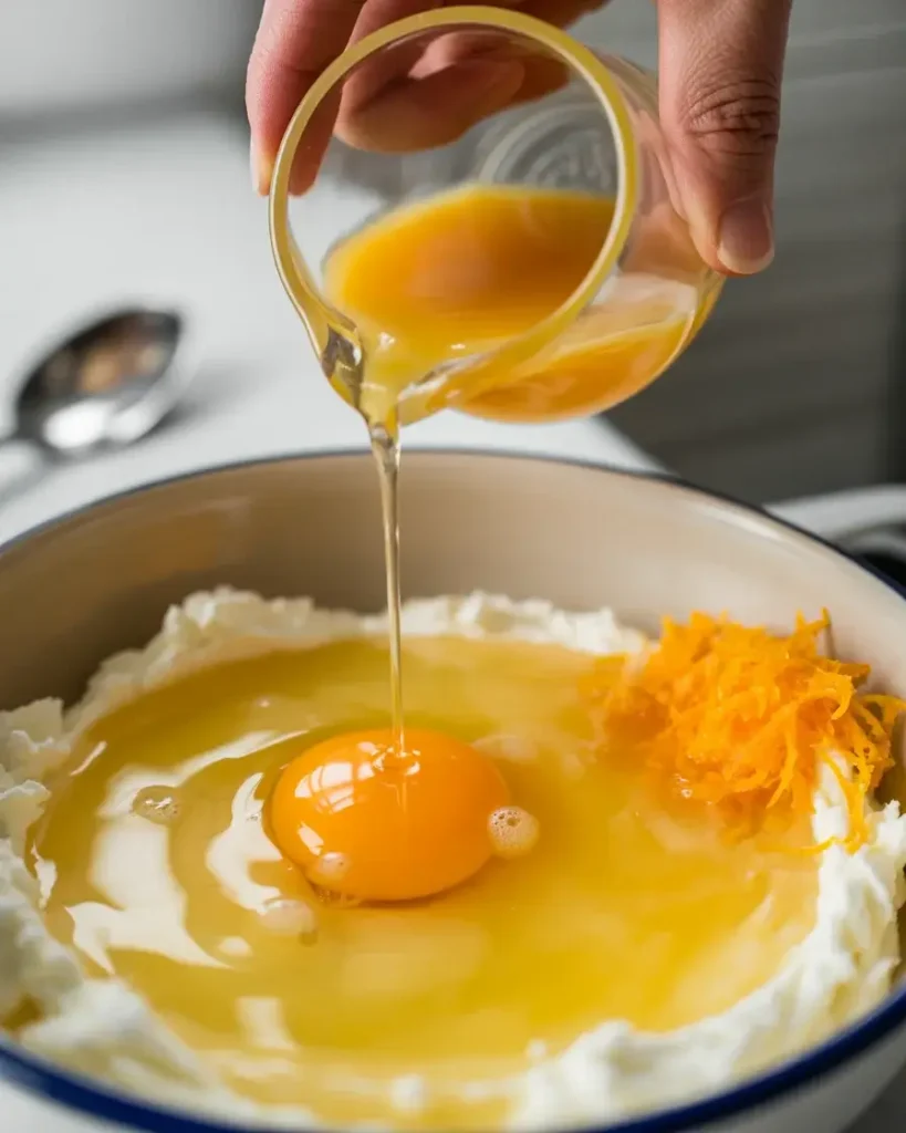 Adding egg, orange zest, and fresh juice to the creamed butter mixture