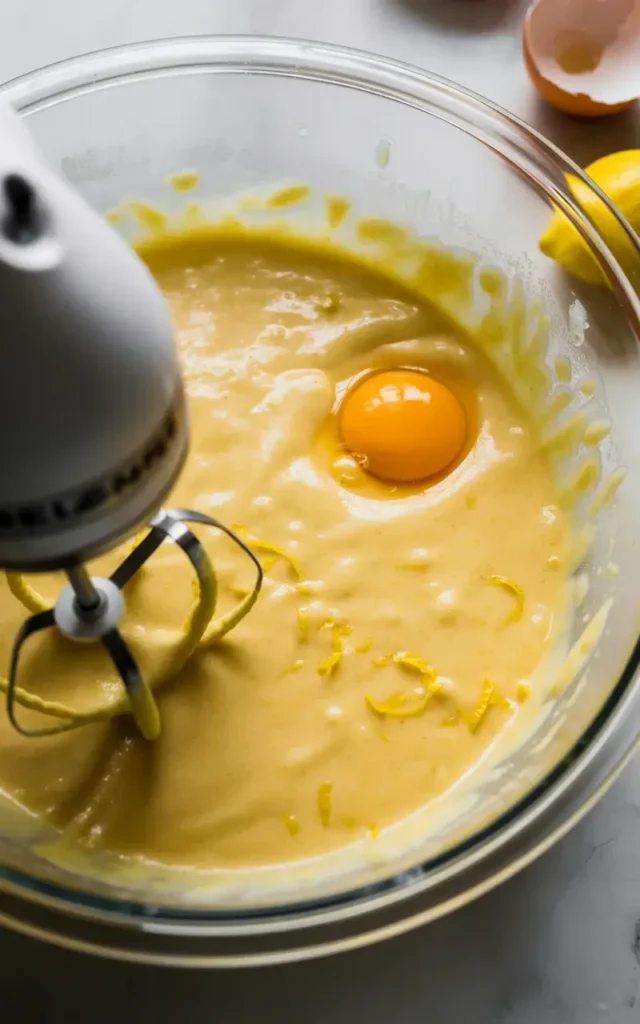 Adding eggs and fresh lemon juice creates a glossy, citrus-packed batter