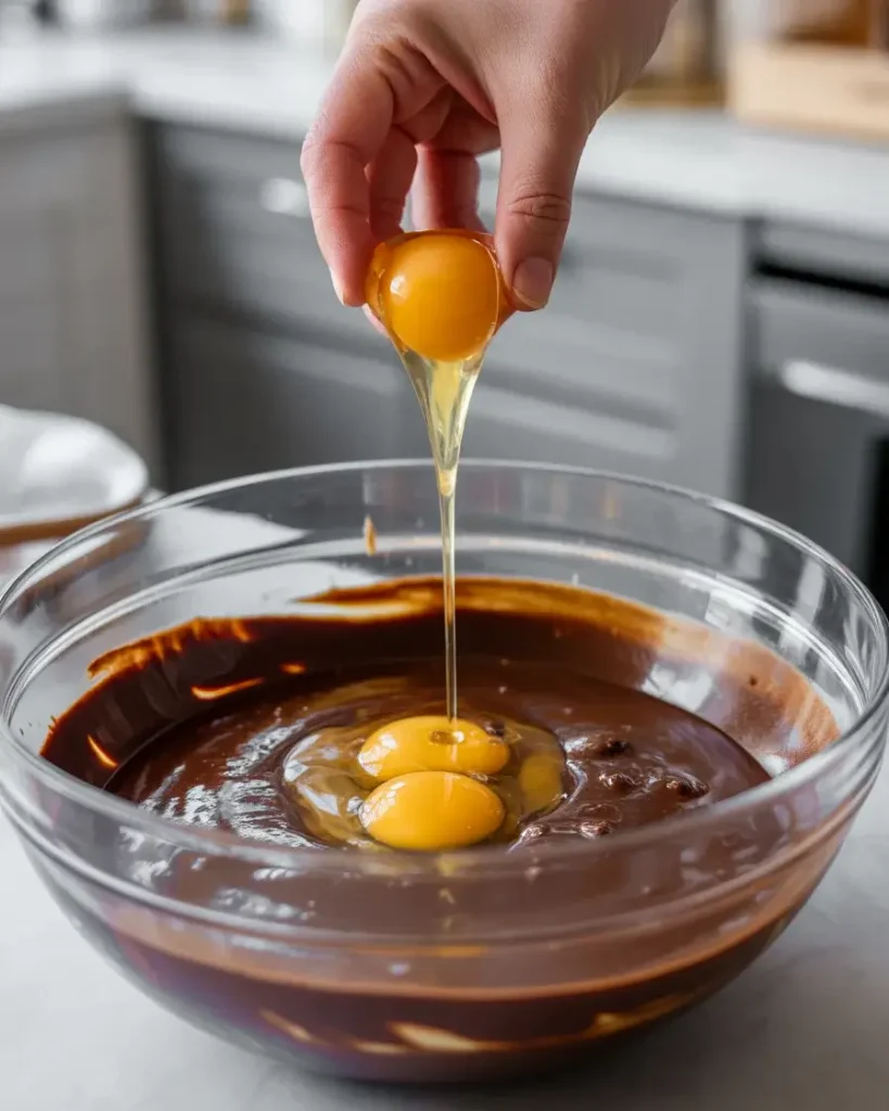 Adding eggs one at a time into the chocolate sugar mixture for a fudgy batter