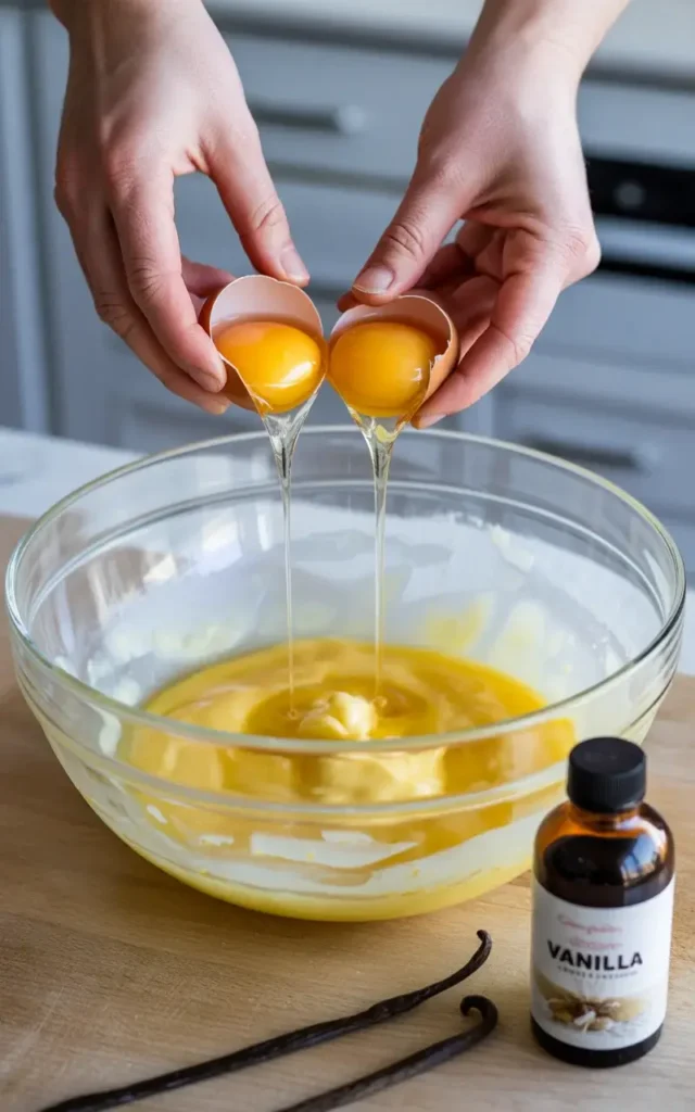 Adding eggs one at a time to the creamed butter mixture for a smooth, rich cookie dough