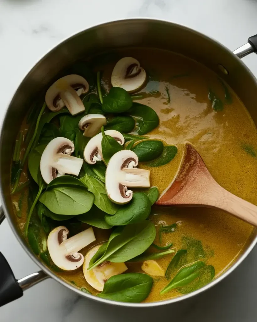 Adding mushrooms and spinach to the curry broth until tender and wilted