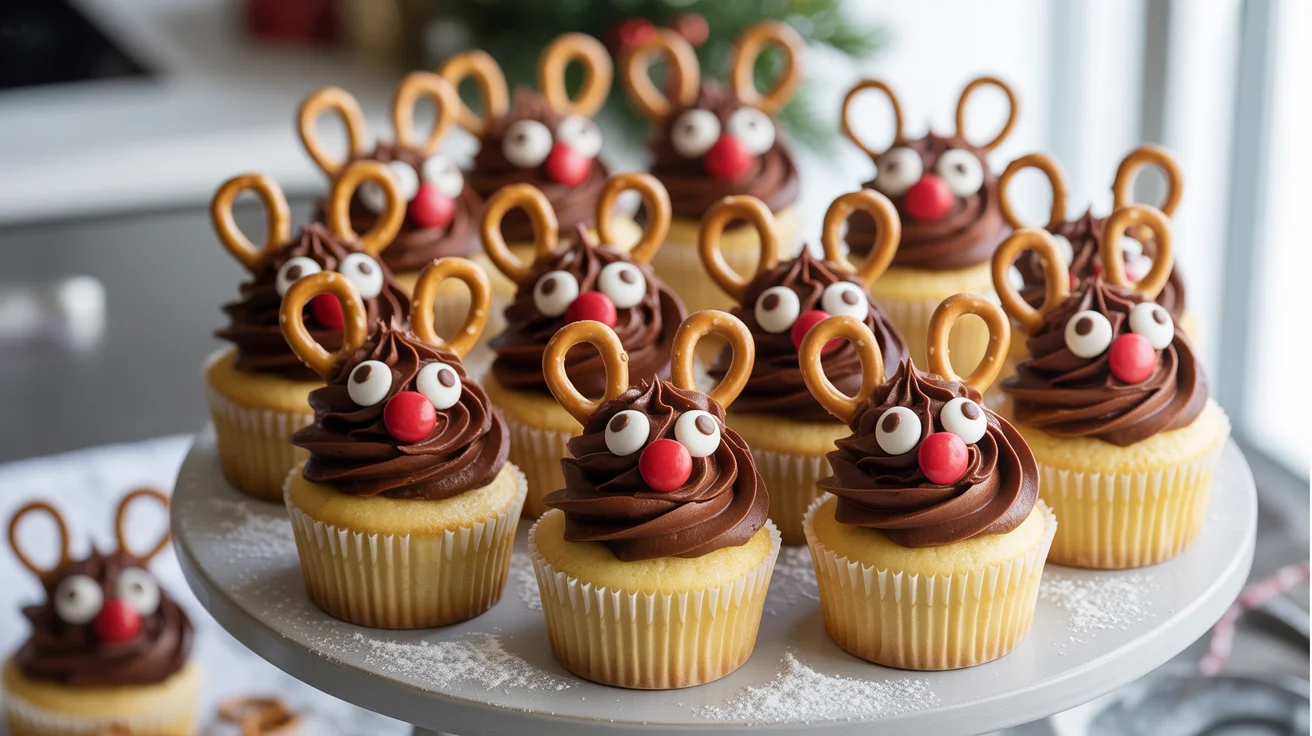 Adorable reindeer cupcakes with pretzel antlers and candy faces for Christmas