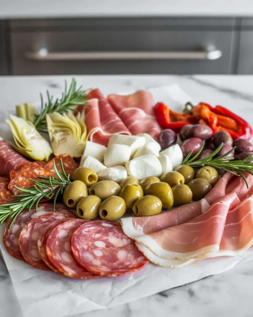 All antipasto ingredients prepped and ready to arrange into a festive Christmas wreath