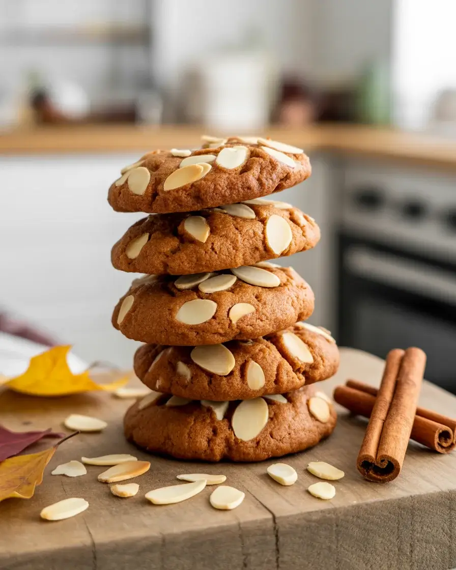 Almond autumn cookies stacked on a wooden board with cinnamon and toasted almonds