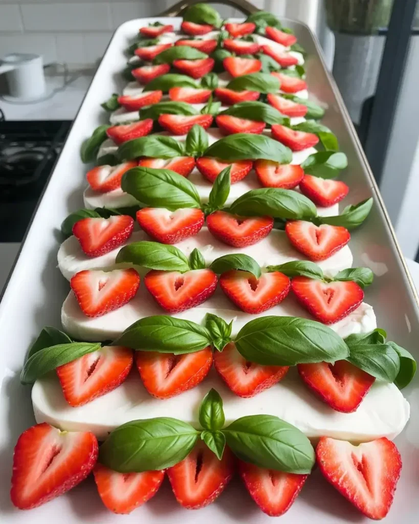 Alternating strawberry and mozzarella layers with fresh basil tucked between