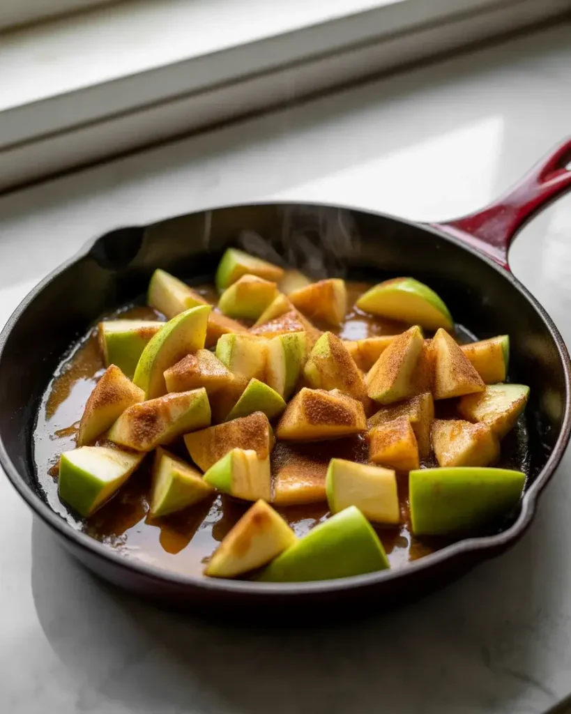 Apple filling caramelizing with brown sugar and cinnamon until syrupy and fragrant
