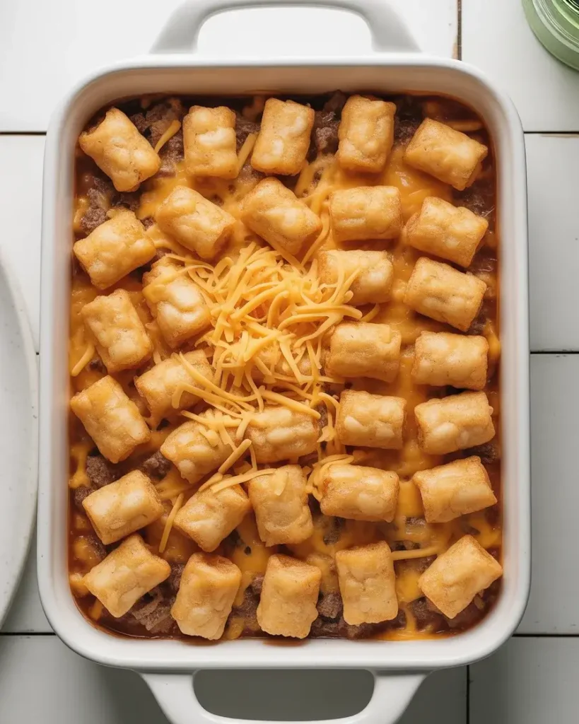 Arranging tater tots in a tight single layer before topping with shredded cheddar
