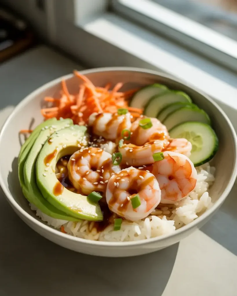  Assembled shrimp avocado rice bowl with sauce, sesame seeds, and scallions