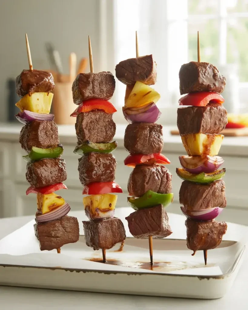 Assembled skewers alternating steak, pineapple, pepper, and onion before grilling