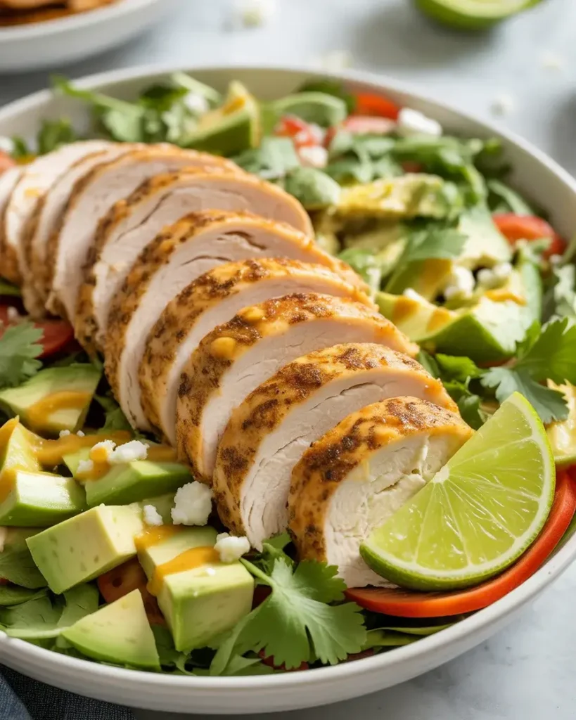  Assembled southwest chicken salad topped with sliced chicken, avocado, cotija, and fresh cilantro
