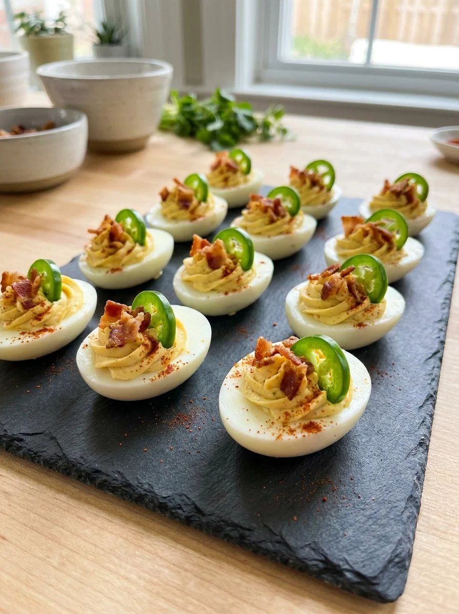Bacon jalapeno popper deviled eggs with crispy bacon, fresh jalapeno, and smoked paprika garnish
