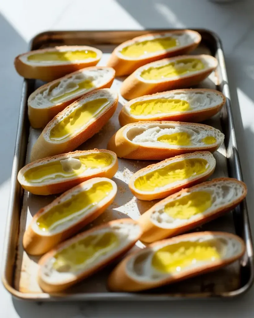 Baguette slices brushed with olive oil and ready for toasting