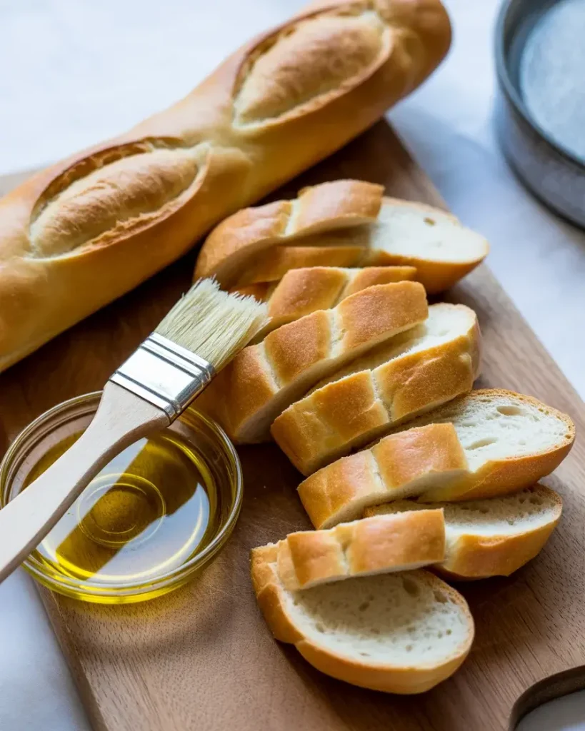 Baguette slices brushed with olive oil and ready to toast