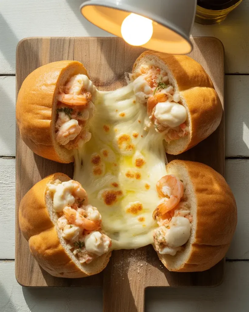 Baked garlic bread bombs bursting with a creamy crab and shrimp filling.