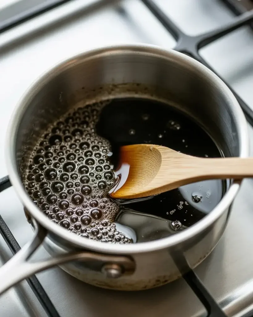 Balsamic vinegar reducing to a glossy, syrupy glaze over medium heat