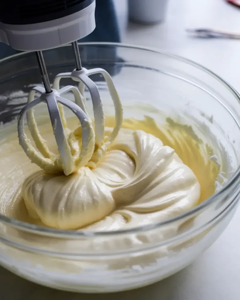 Beating cream cheese, butter, and powdered sugar until fluffy and smooth