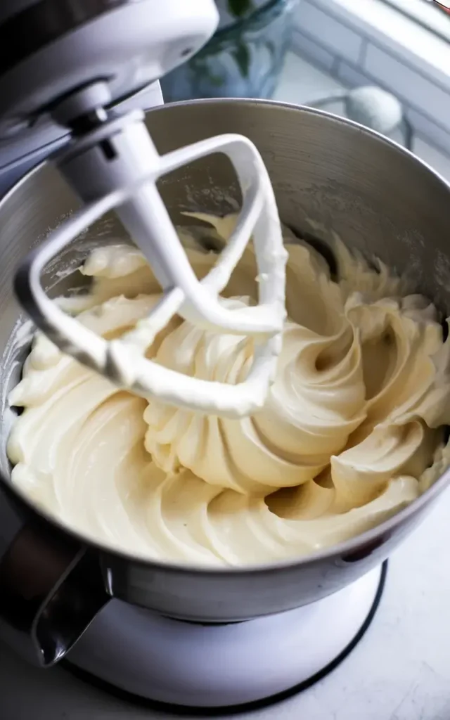 Beating cream cheese filling to a fluffy, smooth consistency for taco filling