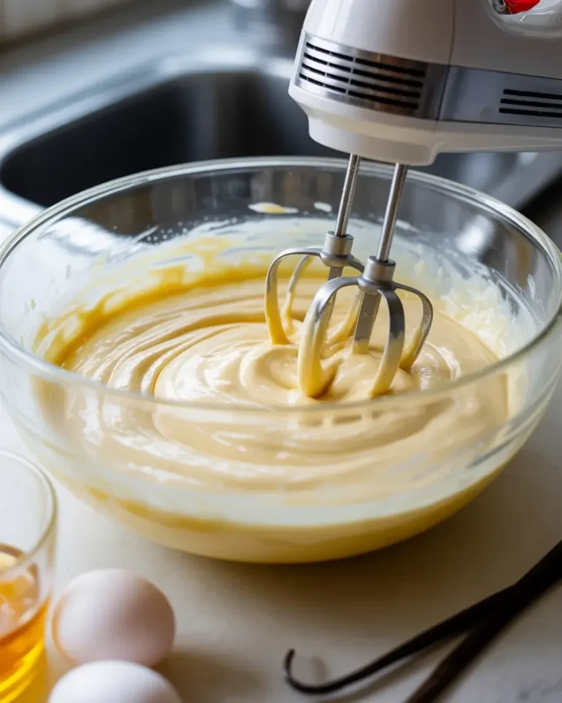 Beating cream cheese filling until smooth and fluffy before adding eggs