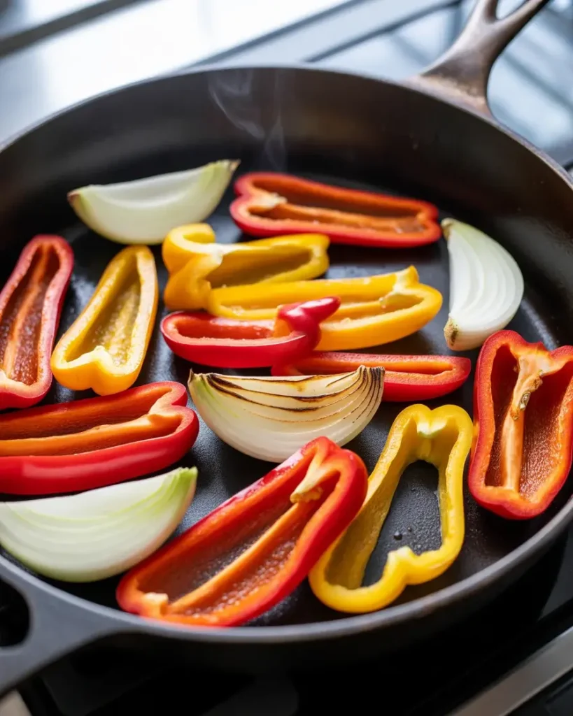 Bell peppers and onions searing in cast iron until caramelized and slightly blistered