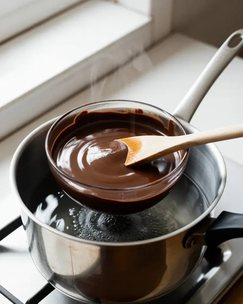 Bittersweet chocolate melting slowly into a silky, glossy consistency
