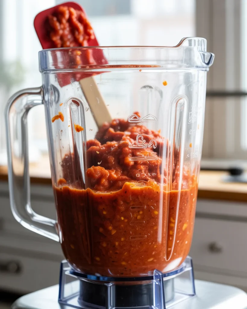 Blended tabasco peppers forming a thick, fiery red mash with visible texture