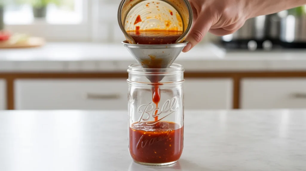 Blending toasted chilies and aromatics into a vibrant, chunky hot sauce