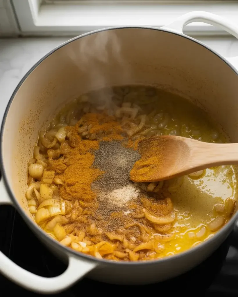 Blooming turmeric and spices in hot oil to activate flavor and deepen color