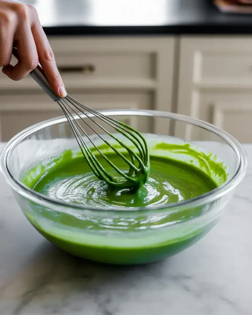 Bright green wet waffle batter blended with gel food coloring and vanilla
