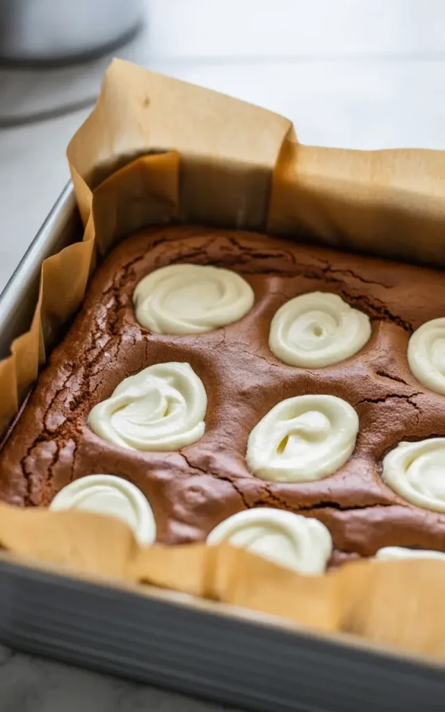 Brownie and cream cheese batter swirled into a marble pattern before baking