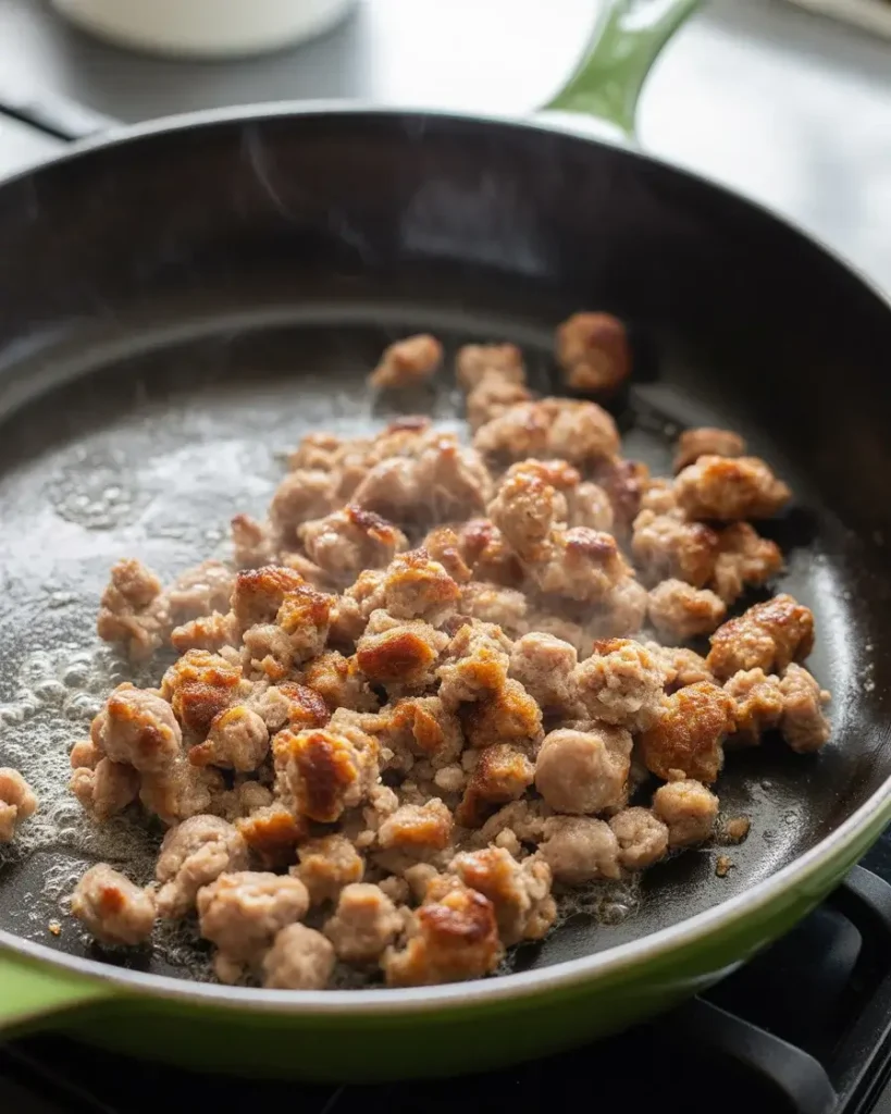 Browning breakfast sausage until golden with no pink remaining