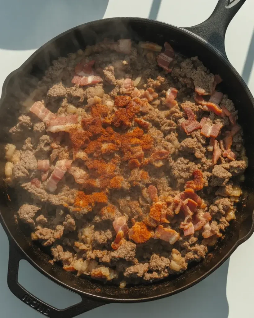 Browning seasoned ground beef with crispy bacon until deep caramelization forms