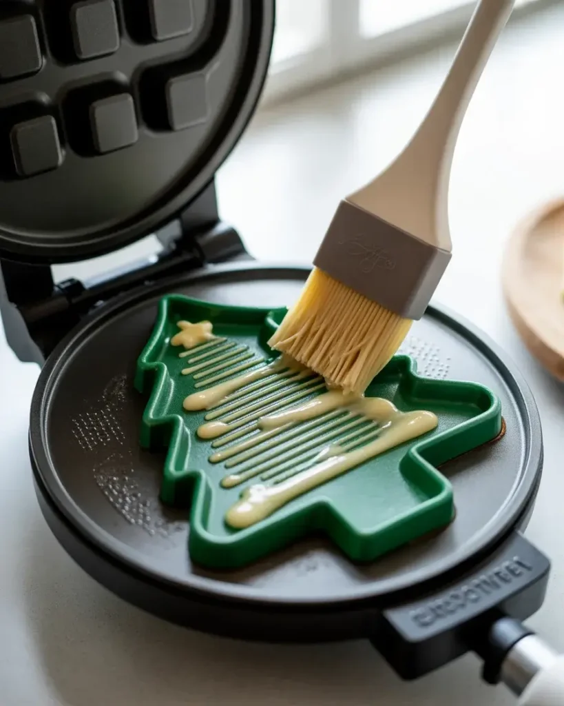 Brushing hot Christmas tree waffle iron with melted butter before pouring batter