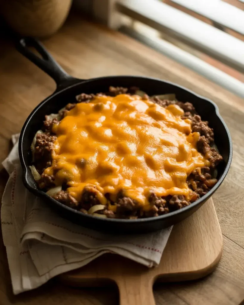 Bubbling cheesy sloppy joe bake fresh from the oven in a cast iron pan.
