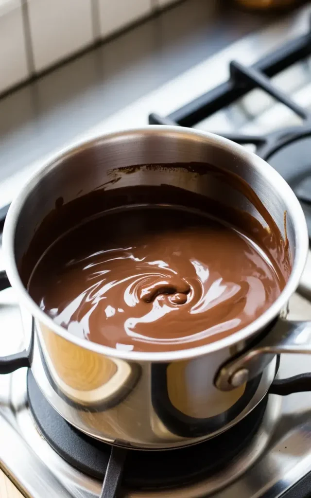 Butter and semi-sweet chocolate melting together into a glossy, smooth mixture