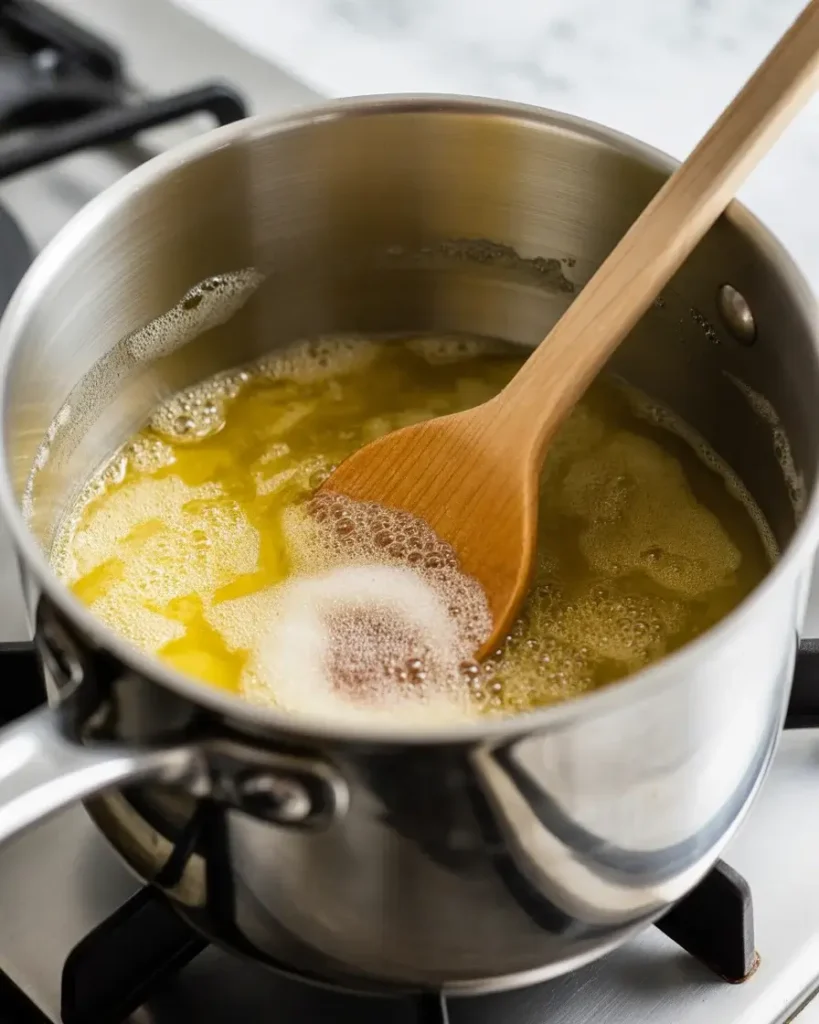 Butter and sugar melting together into a smooth pale golden toffee base