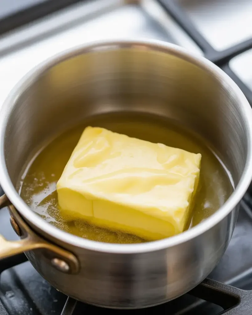 Butter melting gently to clear golden liquid without browning