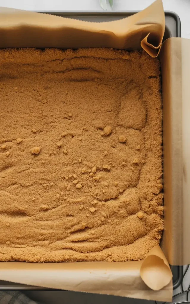 Buttery graham cracker crust pressed into a lined pan, baked until lightly golden