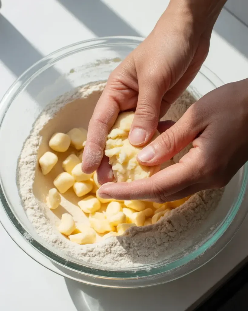 Buttery pie dough with visible pea-sized butter pieces for a flaky crust