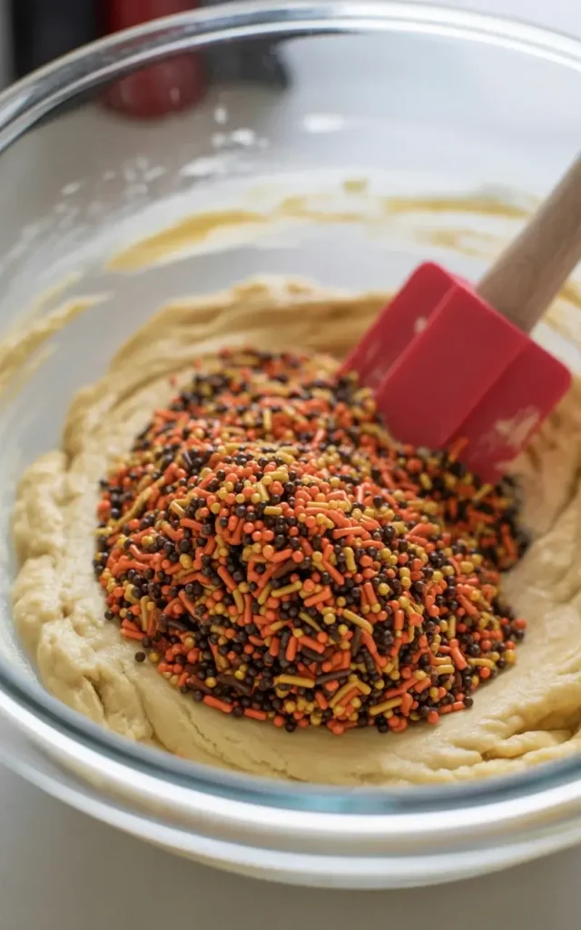 Folding warm-toned autumn sprinkles gently into sugar cookie dough by hand
