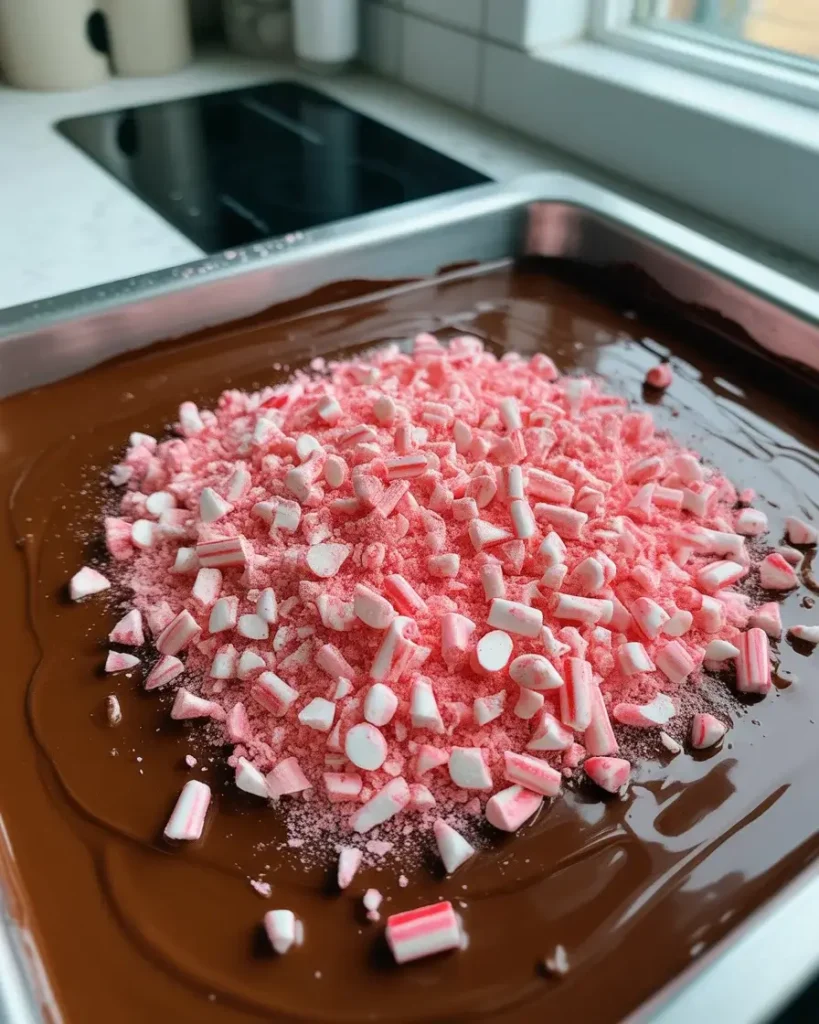 Candy cane pieces pressed into the glossy dark chocolate topping layer